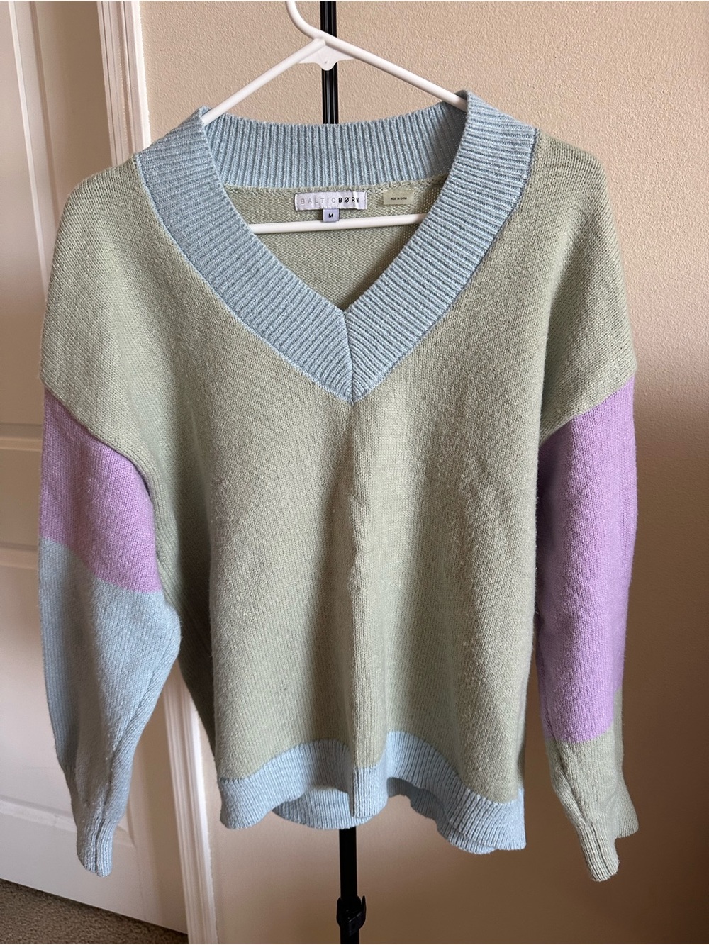 Baltic Born Pastel Colorblock V-Neck Sweater - Sage, Lilac & Sky Blue - Picture 2 of 7
